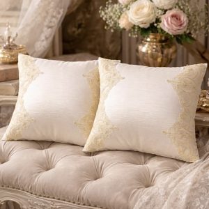 Cuscino lusso in raso di seta bianco perla con pizzo rebrodé crema oro – fodera decorativa letto e divano stile barocco