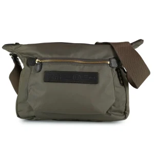 Willy Felisi borsa a tracolla misura piccola realizzata in nylon tecnico colore tortora con finiture in pelle di vacchetta colore marrone scuro