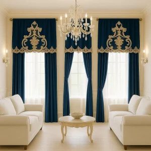 Completo tende sartoriali in velluto Blu Petrolio con mantovana neoclassica pizzo rebrodé Italiano Collezione “Ottocento”