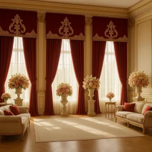 Completo tende sartoriali in velluto Bordeaux con mantovana neoclassica pizzo rebrodé Italiano collezione “Ottocento”