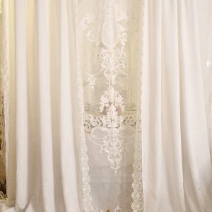 Completo tende in puro lino bianco e misto lino con ricami italiani collezione “Rinascimento”
