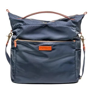 Hun di Felisi borsa a mano e tracolla in nylon tecnico blu con finiture in pelle di vacchetta chiaro