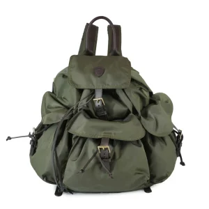 King zaino Felisi realizzato in nylon tecnico colore verde oliva con finiture in pelle di vacchetta colore marrone scuro