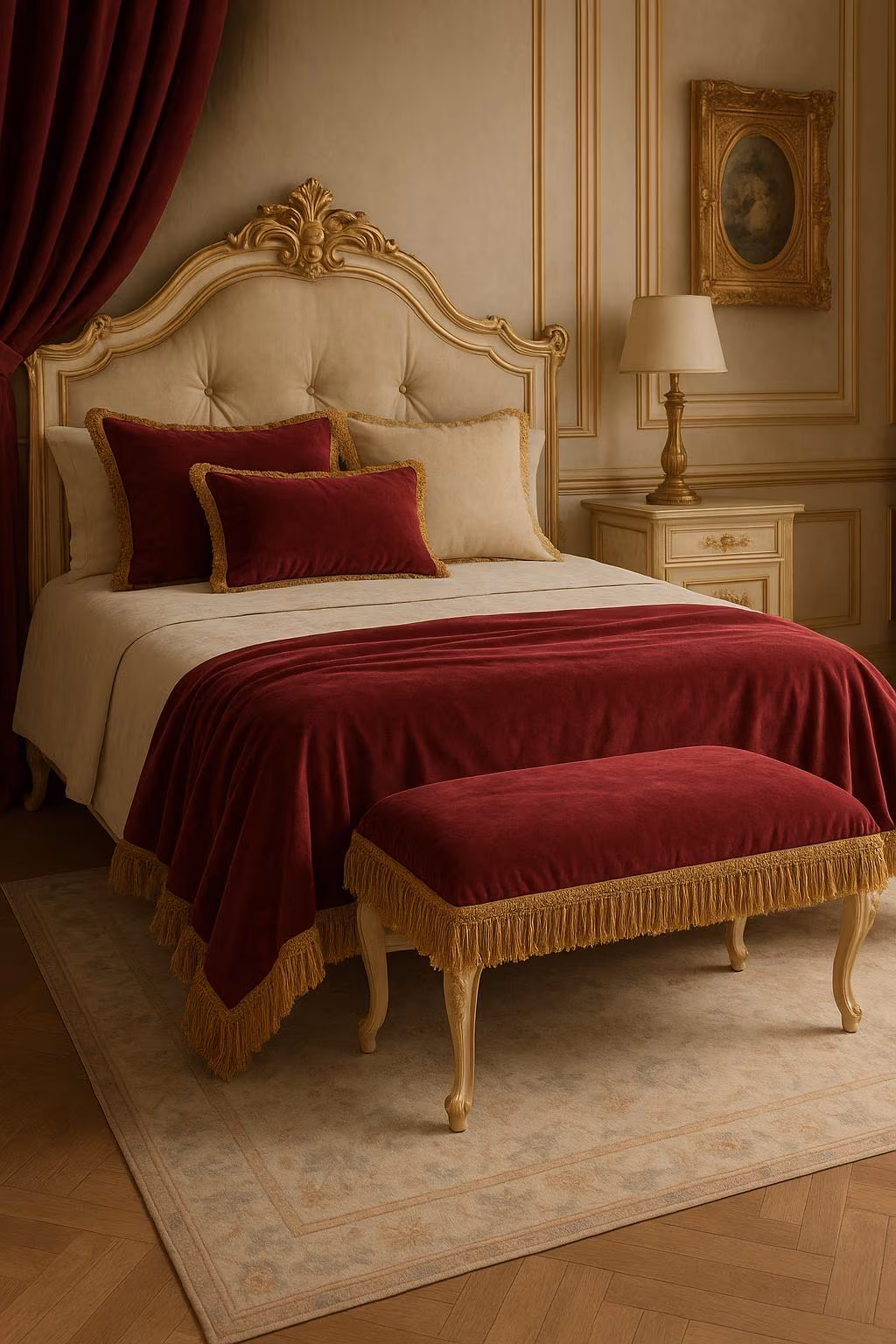 Copriletto in velluto bordeaux di lusso • Trapunta in velluto a doppio strato con frangia oro chiaro • Biancheria da letto artigianale in stile barocco aristocratico