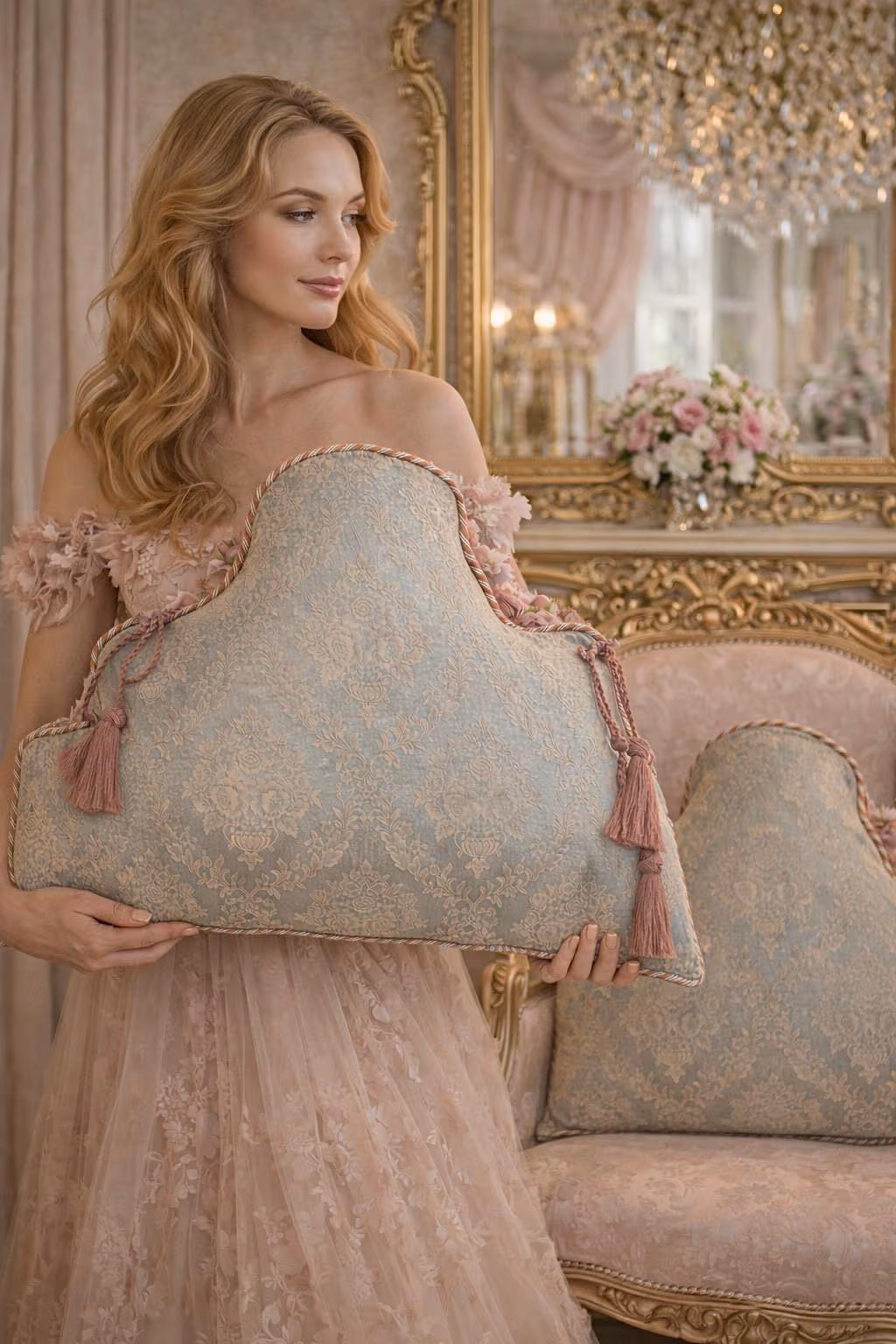 Cuscino Cartiglio in broccato azzurro o verde con passamanerie rosa e avorio fatto a mano “Collezione Bridgerton”